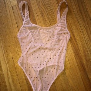 Nude sheer rhinestone thong one piece